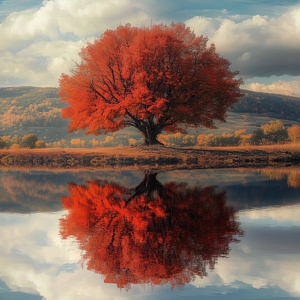 Sprookjesachtige boom in de herfst met reflectie in het water van Mel Digital Art