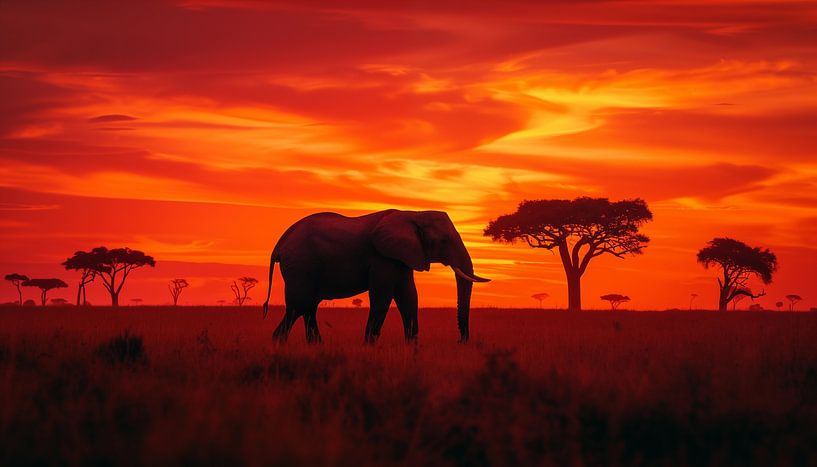 Eléphant solitaire en Afrique panorama coucher de soleil rouge-orange par TheXclusive Art