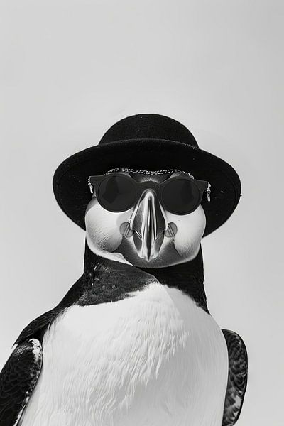 Puffin with hat and glasses in black and white by Poster Art Shop