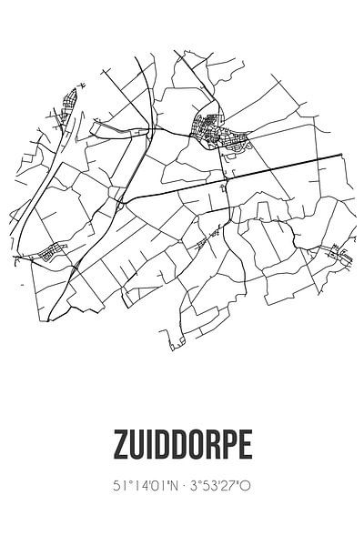 Zuiddorpe (Zeeland) | Karte | Schwarz und Weiß von Ortsdrucke
