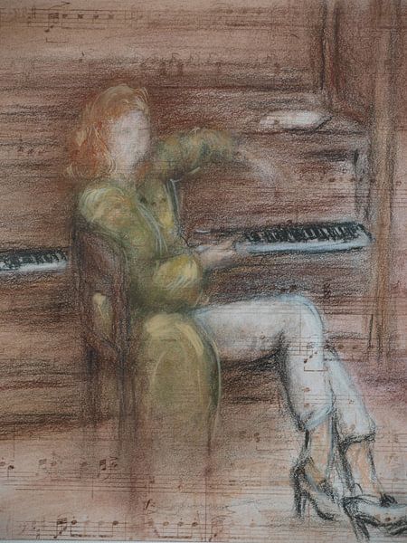 Leçon de piano. Dessiné à la main avec des crayons de couleur pastel par Ineke de Rijk