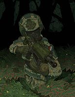 Soldat néerlandais dans une forêt sombre.