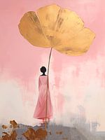 Japandi, Frau und Seerose in Gold und Rosa, Herbst