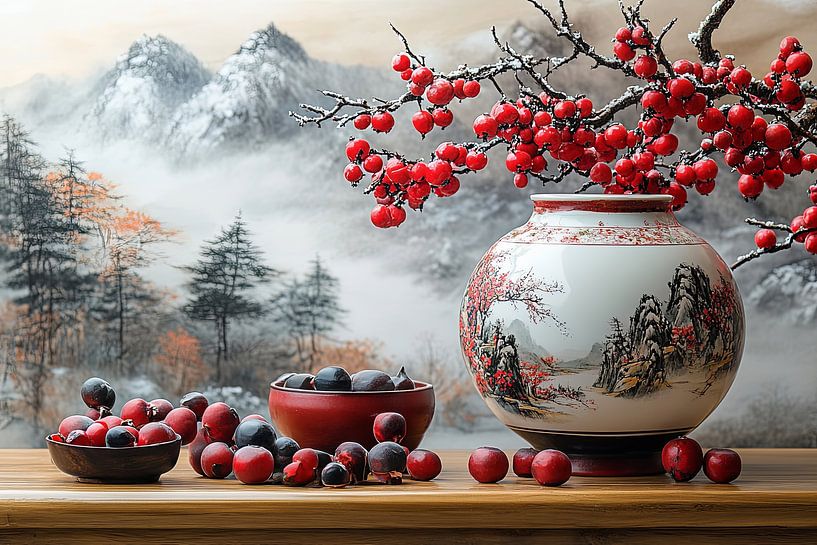 picturesque japanese art vase landscape with mountains by Egon Zitter