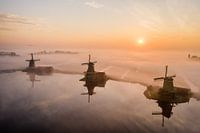 Dutch windmills in the fog at Zaanse Schans