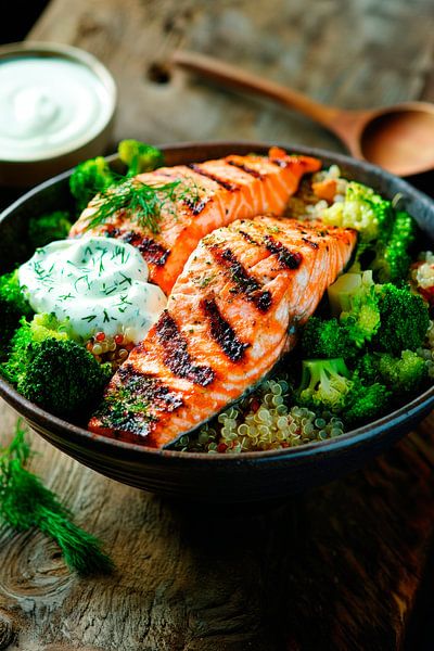 Gegrilde zalm met quinoa en broccoli van Poster Art Shop
