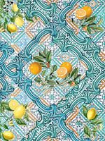 Oranges, Lemons, Citrus Fruit and Butterflies on Teal Mediterranean Tiles