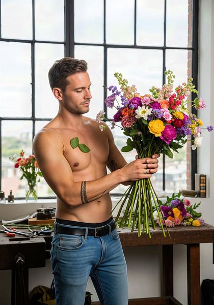 Shirtless Man Holding Bouquet of Flowers Indoors by Markus Gann