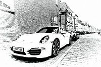 Old and new Porsche in the Dutch town Heusden as artwork