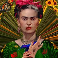 Frida in Grün mit blauem Kolibri und Blumen