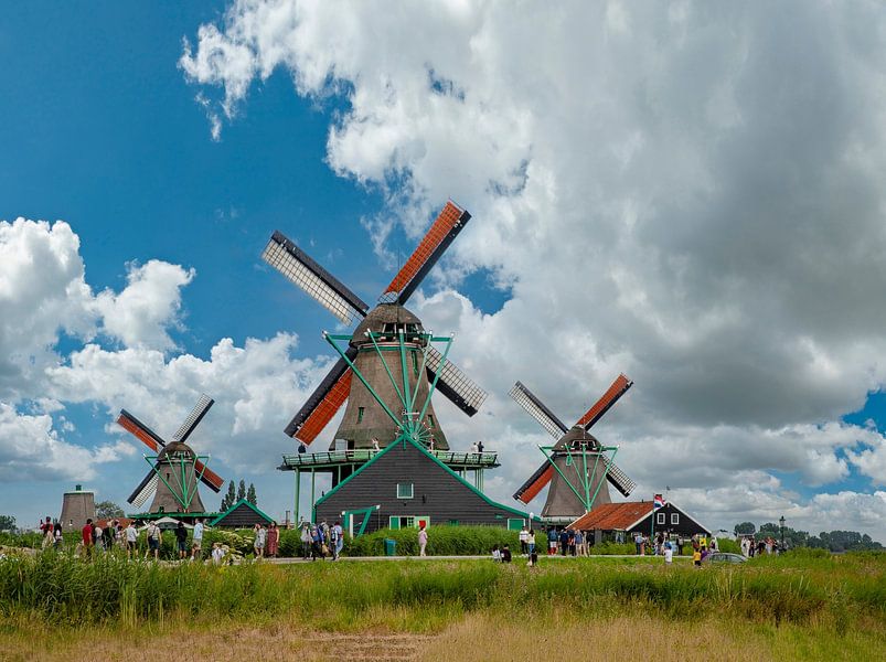 De molens van de Zaanse Schans in exact dezelfde wiekenstand, Zaandam, , Noord-Holland van Rene van der Meer