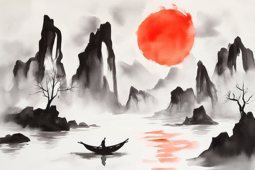 Vredig landschap met boot en zon van Poster Art Shop