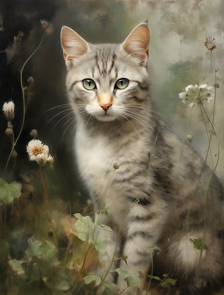 Gestreifter Kater zwischen wilden Blumen von Emil Husstege