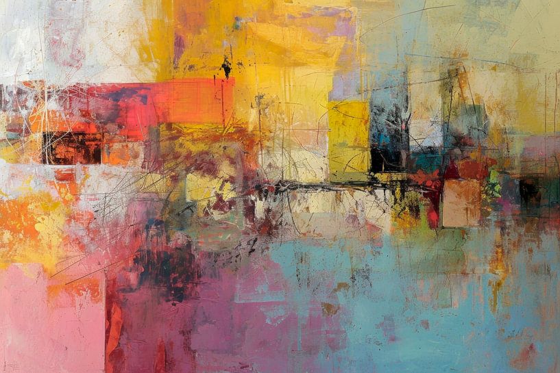 Abstract painting, yellow, red, pink, white and black. by BowiScapes abstract and digital art