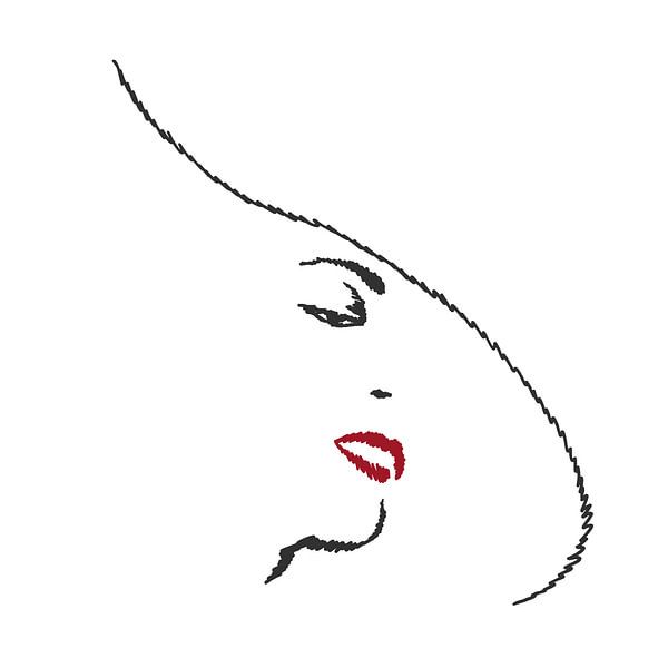 Stylish in white (line drawing portrait woman hat minimalism abstract line art mouth red lipstick von Natalie Bruns