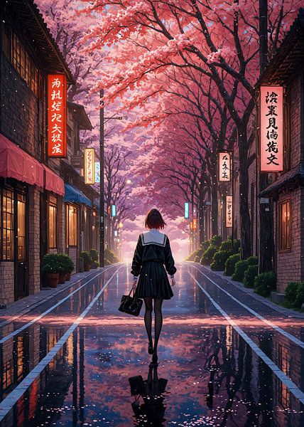 Anime Girl Cherry Blossom Sakura Spring Tokyo Street Japan by Ruzerin