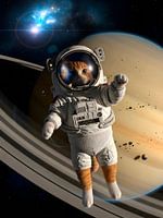 Whimsical cat astronaut journeying through the cosmos near majestic Saturn's dazzling