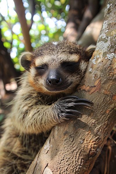 Sleeping raccoon against tree in forest by Art & Soul Creations