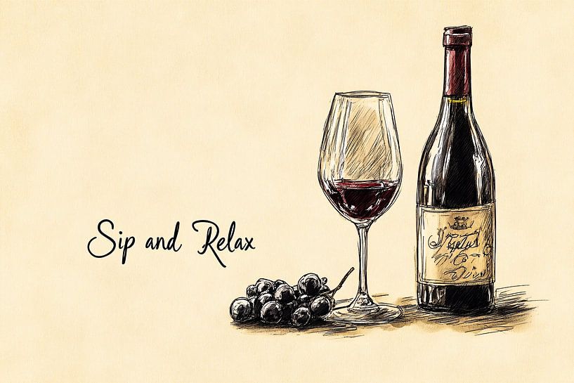 Kunstdruck Weinflasche und Glas von Art & Soul Creations