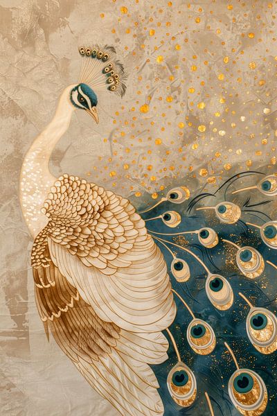 Pfau in Beige Abstrakte Kunst von Digitale Schilderijen