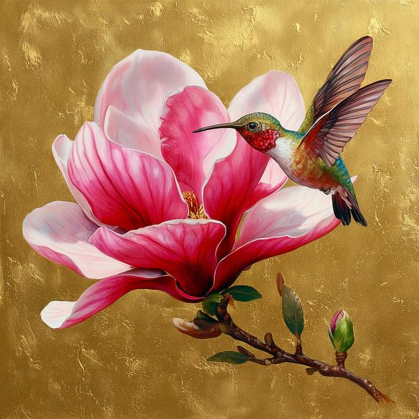 Hummingbird and Magnolia on Gold Background by Danny van Eldik - Perfect Pixel Design