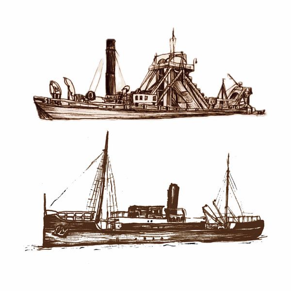 Dredgers pen drawing by Krista Kitsz Art