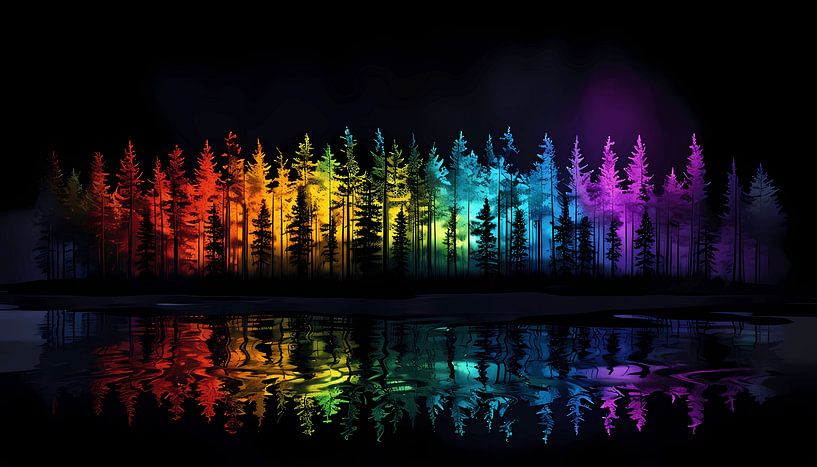Les pins prismatiques : Une symphonie de couleurs dans la forêt sombre par Artistic
