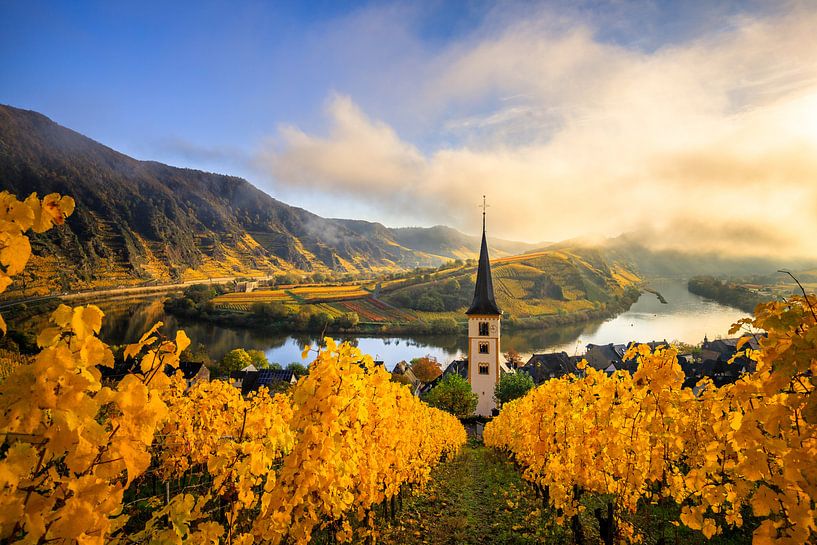 Boucle de la Moselle avec église et vignes en automne à Bremm le matin par Fotos by Jan Wehnert