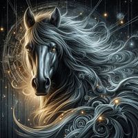 Pferd mit Steampunk-Elementen in Grau und Schwarz