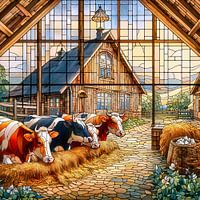 Four cows by the stable in stained glass style