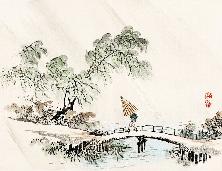 Un homme traversant le pont sous la pluie par Kōno Bairei par Studio POPPY