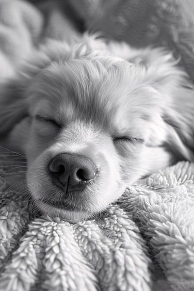 Schwarz-Weiß-Foto eines schlafenden Welpen auf einer Decke von Art & Soul Creations