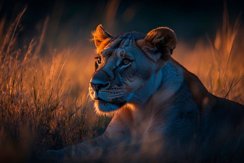 La lionne dans la lumière du soir se repose doucement par Poster Art Shop
