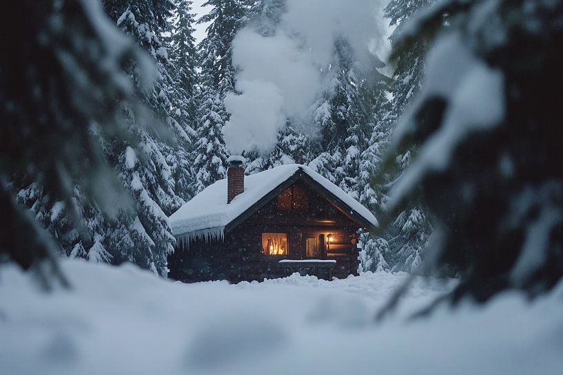 Gemütliche Hütte in Winterlandschaft von Art & Soul Creations