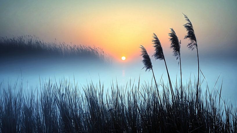Sonnenaufgang über den Schilfrohren im Nebel von Frank Heinz