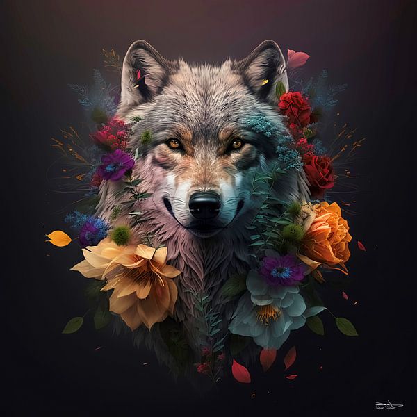 Wolf mit Blumen von Gelissen Artworks