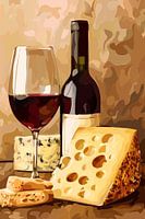 Painting of wine and cheese still life