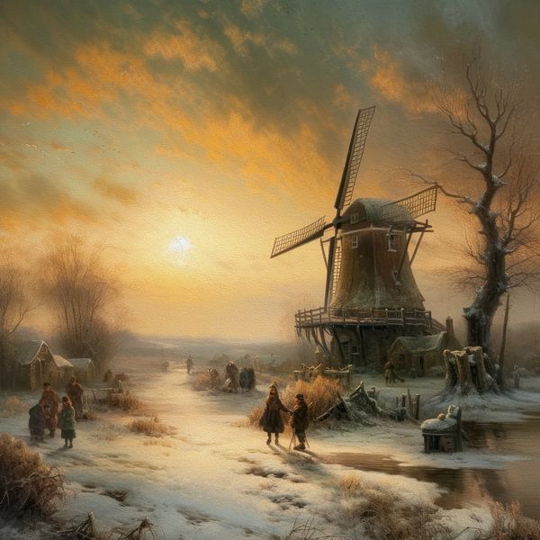 Dutch winter landscape painting with windmill by Preet Lambon
