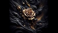 Golden rose in black smoke - Mystical elegance on a dark background