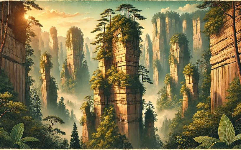 Vintage China, Zhangjiajie Stone Pillars Poster by Chromatic Fusion Studio