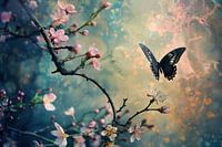 Schmetterling mit rosa Blütenzweig