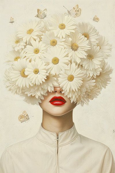 Frau mit Gänseblümchen und roten Lippen | surreales florales Porträt von Marijke Trienekens