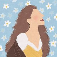 Ölgemälde eines lockigen Mädchens mit floralem Hintergrund