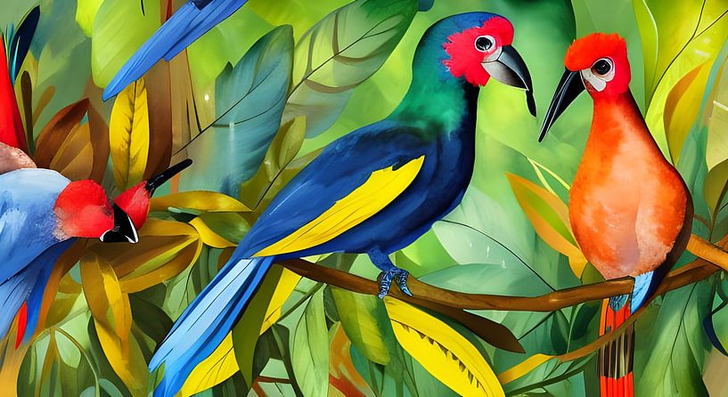 Two exotic birds on a branch by Betty Maria Digital Art