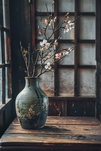 Japanese traditional still life with blue vase and white flowers by Digitale Schilderijen