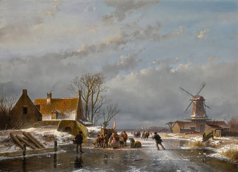 Winterlandschaft mit Schlittschuhläufern und einem koek-en-zopie, Andreas Schelfhout von Meisterhafte Meister