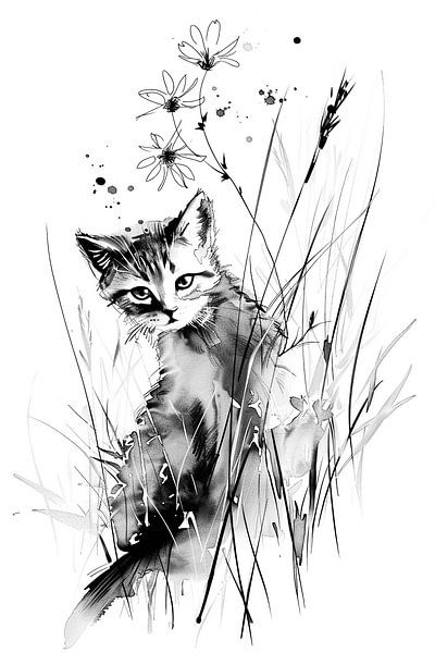 Shy Cat in a Gorgeous Field of Flowers | Black and White by Karina Brouwer