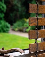 Old wooden window decoration with garden on background