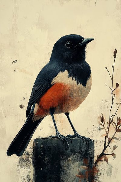 Timeless Elegant Bird with Dark Feathers and Orange Belly by Eva Lee
