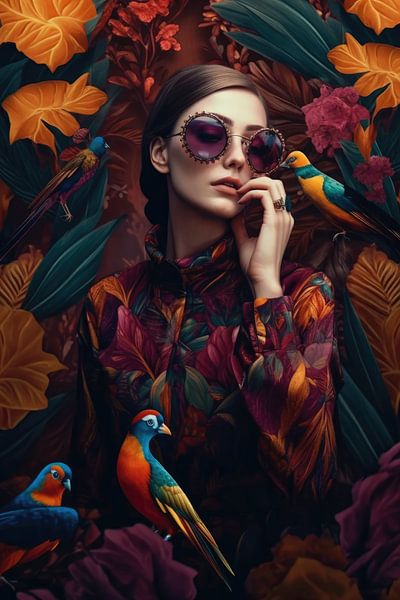 Porträt von Mensch und Vogel von Digitale Schilderijen